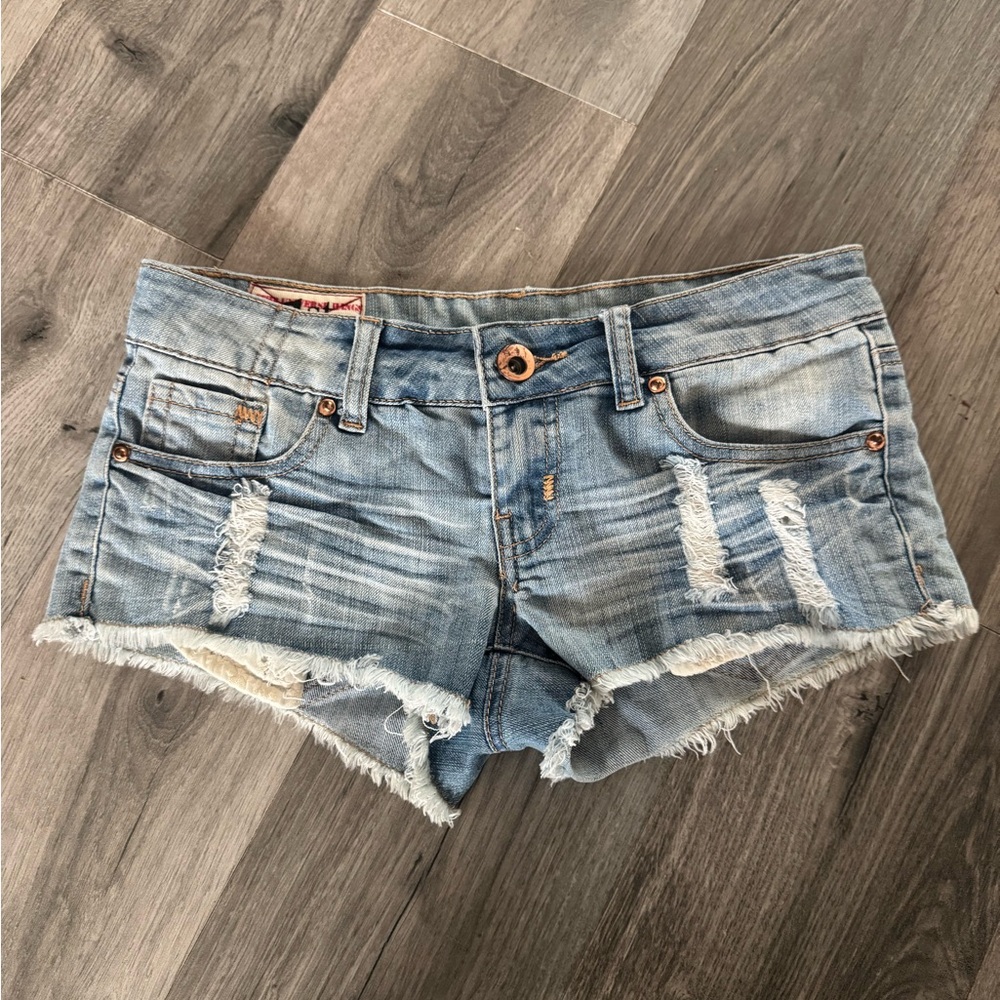 True Religion Light Blue Distressed Jean Shorts